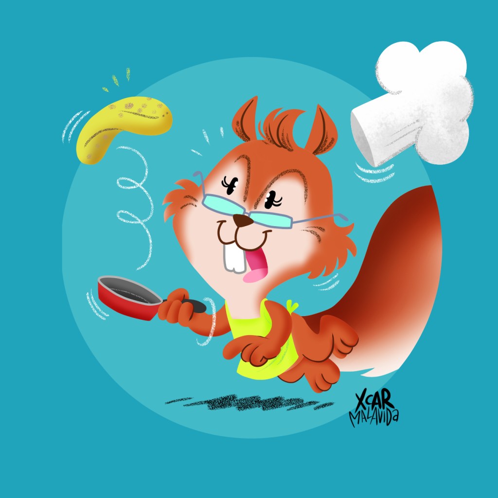 Ilustración de una ardilla haciendo una tortilla, por XCAR Malavida.