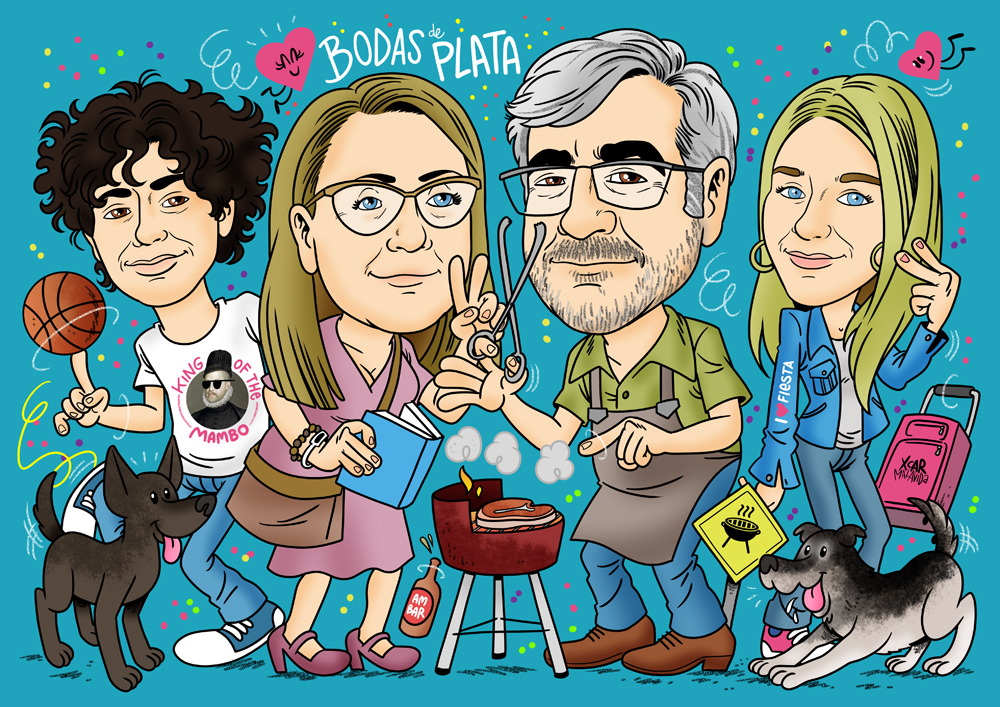 Caricatura de una familia para celebrar las bodas de plata, realizada por XCAR Malavida.
