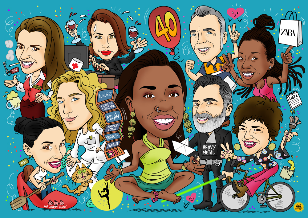 Caricatura de un grupo de amigos como regalo de cumpleaños realizada por XCAR Malavida.